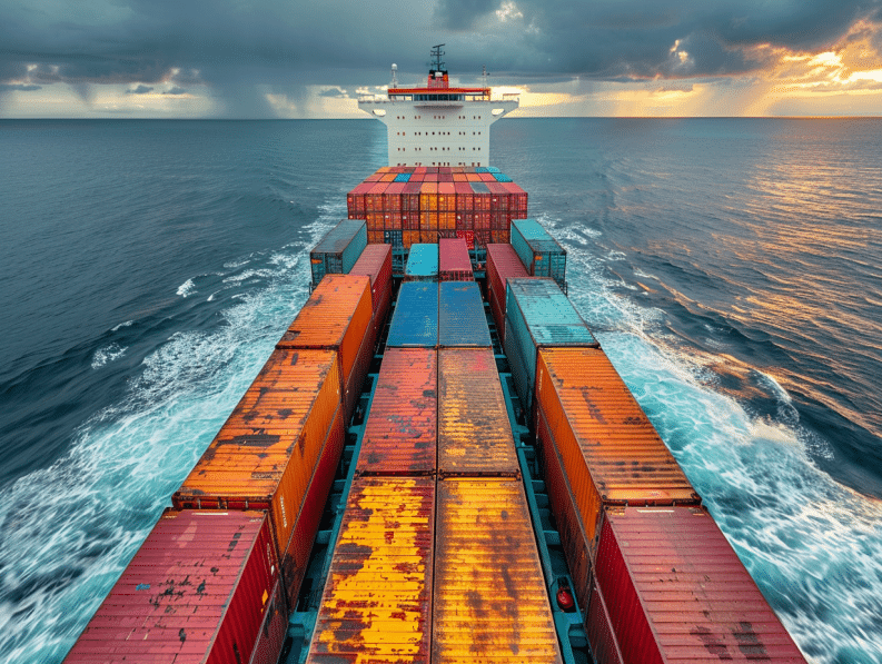 a colossal cargo container ship, a leviathan of modern commerce, slicing through the vast, open sea. Its deck, a colorful mosaic of containers, each a sealed box of goods that span the spectrum of human need and desire for a Maritime Shipping Container for a Maritime Shipping Container