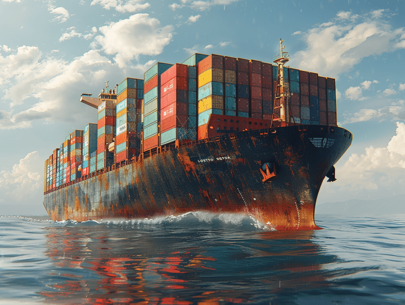 a colossal cargo container ship, a leviathan of modern commerce, slicing through the vast, open sea. Its deck, a colorful mosaic of containers, each a sealed box of goods that span the spectrum of human need and desire, from the simplest of raw materials to the most sophisticated electronics.